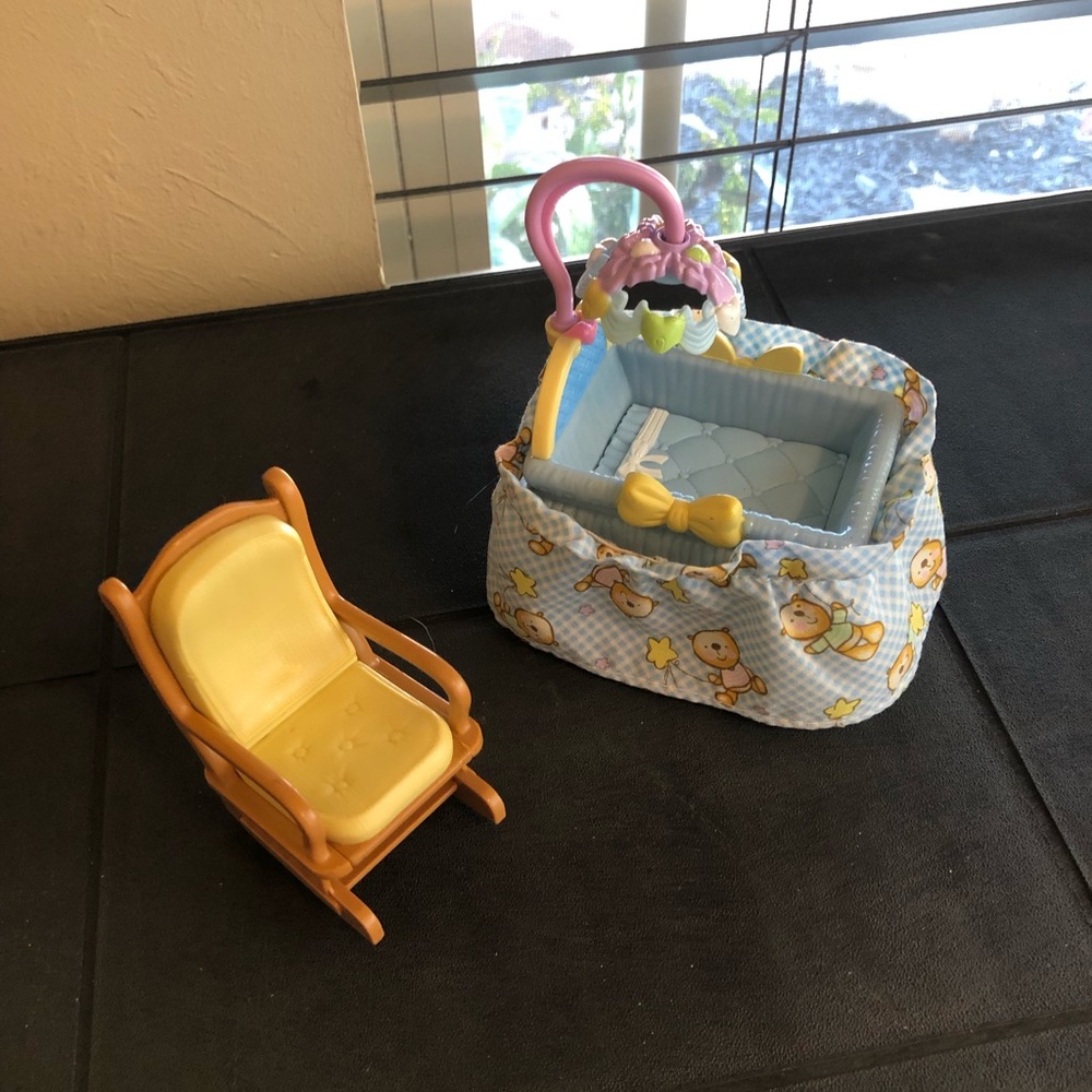 Lot 2 fisher price dollhouse Little Loving Family Baby Crib & Rocking Chair